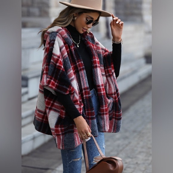 💥Plaid Open Front Hooded Poncho Cape Fleece Jacket - Picture 4 of 5